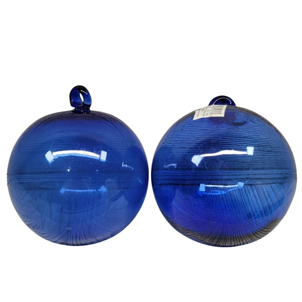 2 Blue Glass Floats Ornaments Old Time Pottery Giant Christmas Ornament Vtg‎ 5"